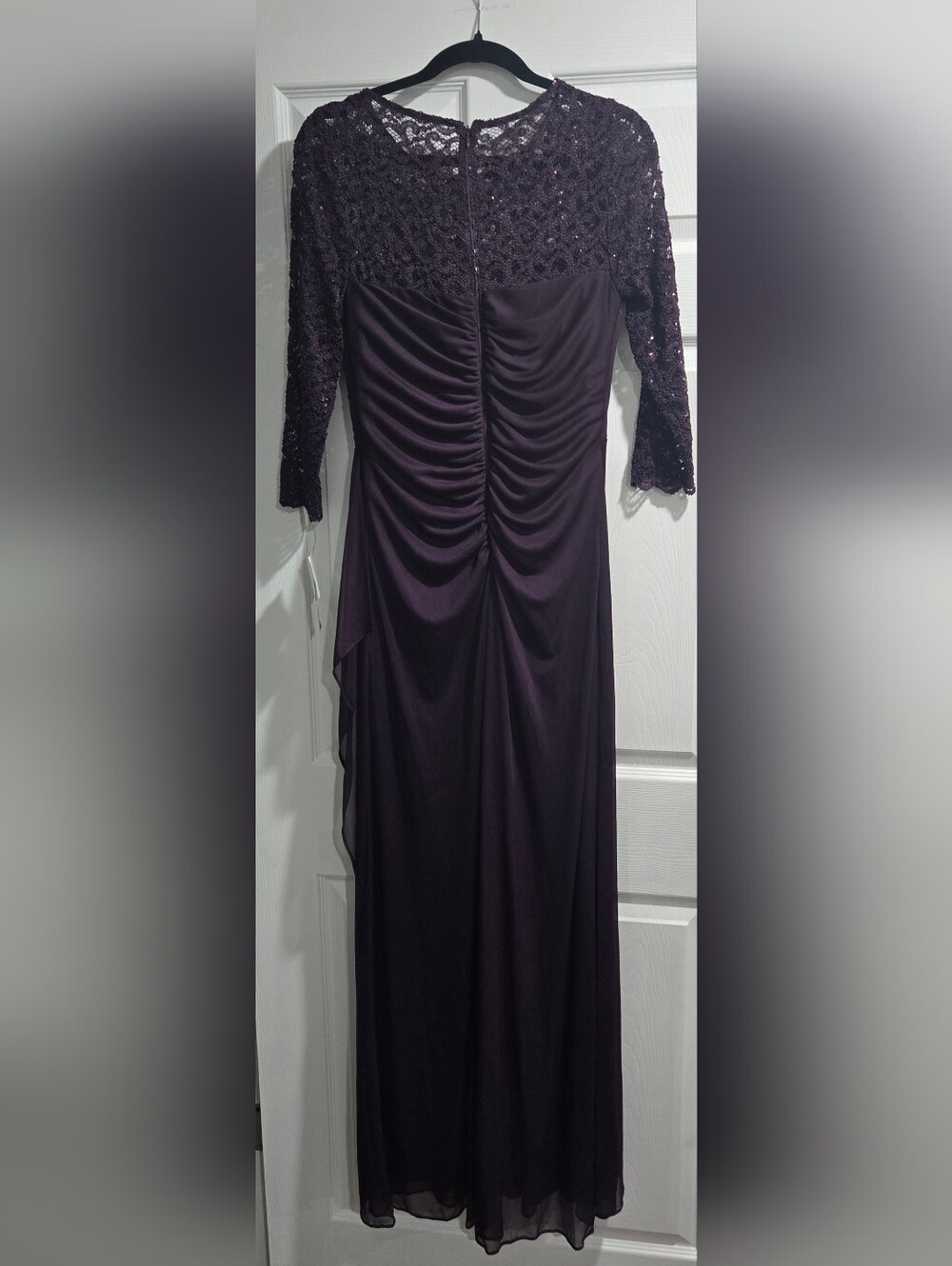 Xscape Long Sleeve Ruched Evening Gown in Deep Plum - Picture 2 of 3